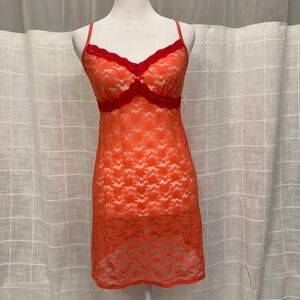 Orange and Pink Floral Lace Sheer Nightie Slip Chemise